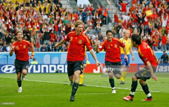 Fernando Torres celebrating after scoring against Sweden in Euro 2008