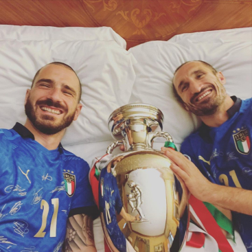 Bonucci and Chiellini with the Euro 2020 Trophy