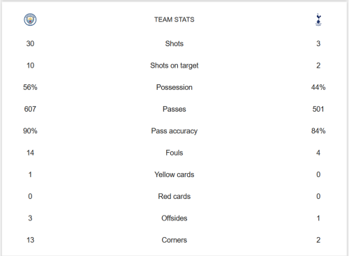 Manchester City vs Tottenham Match Stats