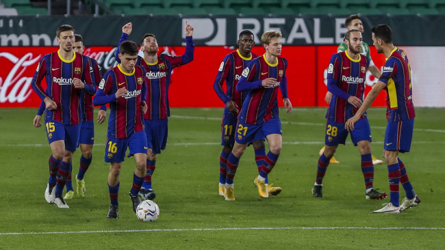 Barcelona players celebrating after scoring