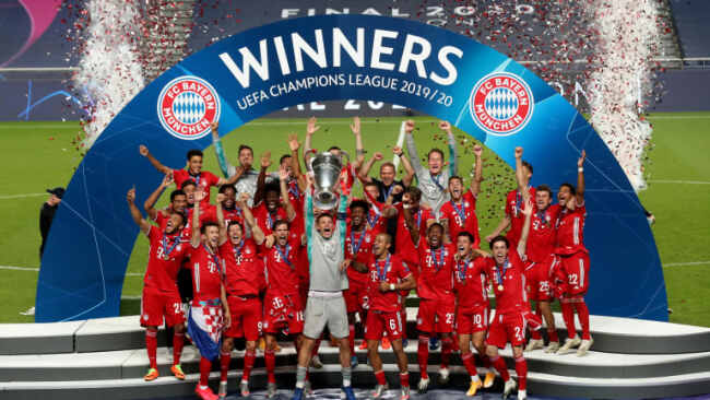 Bayern Munich lifting the Champions League Trophy