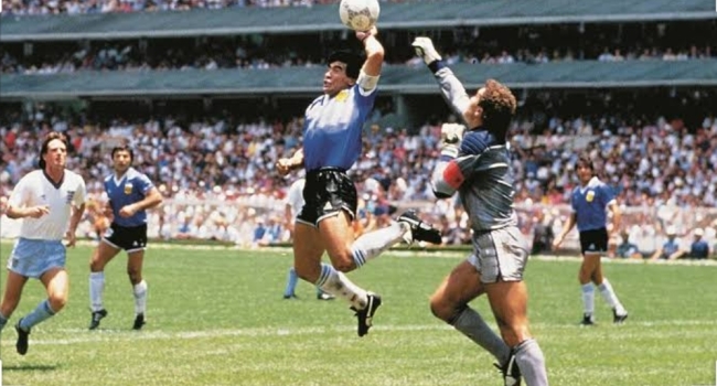The infamous Hand of God goal by Maradona