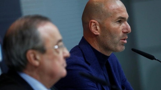 Zidane and florentino perez at a press conference