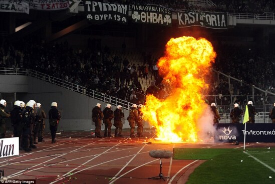 Explosive scenes during the match between Panathinaikos and Olympiacos
