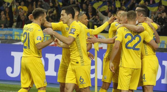 Ukraine team celebrating a goal against North Macedonia