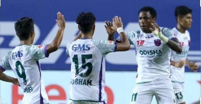 Odisha FC celebrating their goal against Jamshedpur