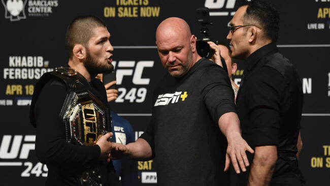 Khabib Nurmagomedov vs Tony Ferguson press conference before the fight was cancelled.