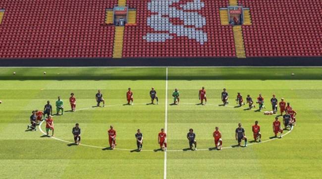 Liverpool players going down on one knee to support the Black Lives Matter movement