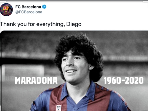 Barcelona tweet giving tribute to Maradona after he passes away