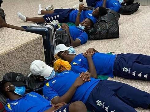 Gabon players sleeping at Gambian airport