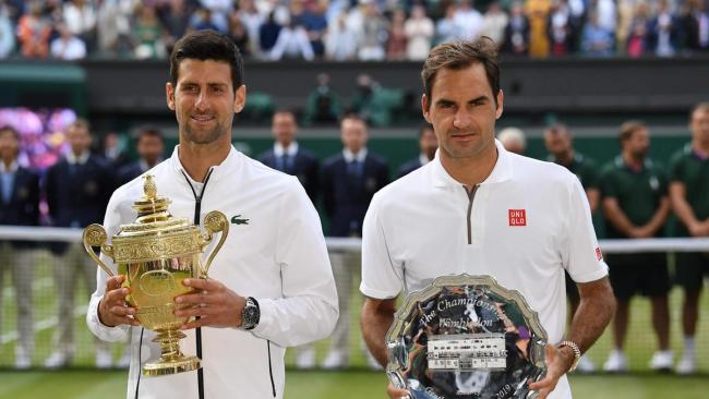 Novak Djokovic and Roger Federer at the 2019 Wimbledon closing ceremony