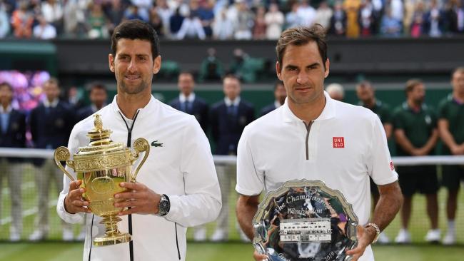 Novak Djokovic and Roger Federer at the 2019 Wimbledon closing ceremony