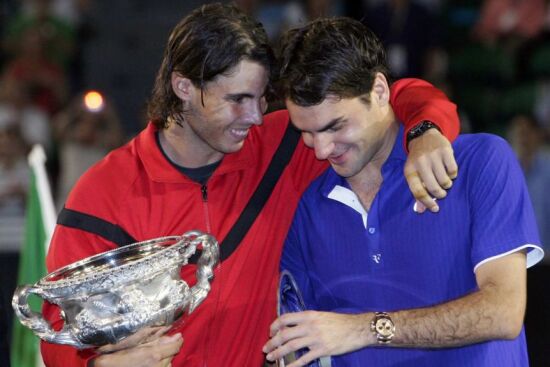 Nadal embraces Federer to console him after his defeat in the 2009 Australian Open finals