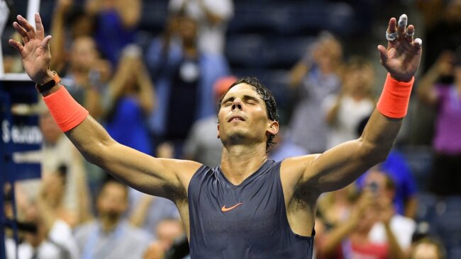 Nadal reacts after his late-night victory against Dominic Thiem at the 2018 US Open