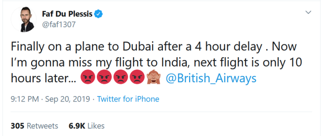 Faf du Plessis tweet British Airways